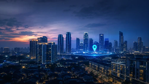 Editorial illustration representing local search visibility for property developments across a Malaysian city skyline.