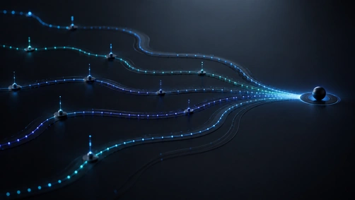 Abstract visualisation of multiple decision paths converging, representing a B2B buying committee evaluating a purchase