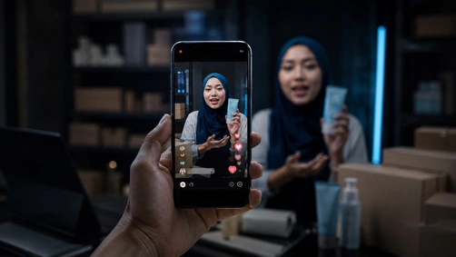 Smartphone displaying a live shopping stream, representing the rise of TikTok Shop LIVE commerce among Malaysian sellers
