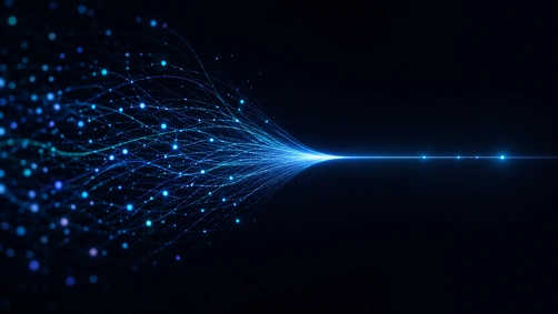 Abstract illustration of glowing blue and indigo data streams converging, representing AI-driven automated bidding in paid media.