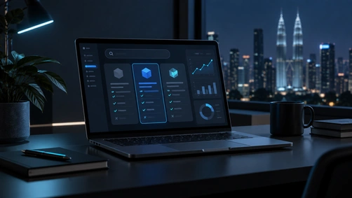 Technical buyer comparing B2B software options on a laptop, representing SEO for SaaS and B2B technology companies in Malaysia