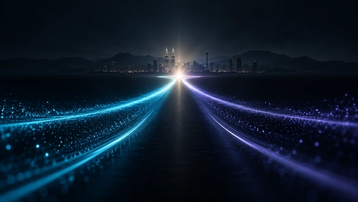 Two converging light paths on a dark background representing SEO and Google Ads as parallel growth strategies