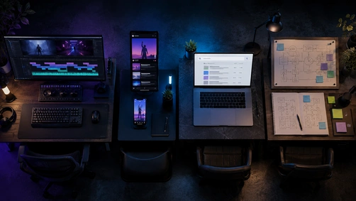 Several distinct workstations representing different digital marketing specialisations arranged side by side