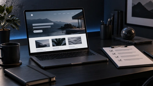 Laptop displaying a website design mockup on a desk, representing the process of evaluating a website design agency