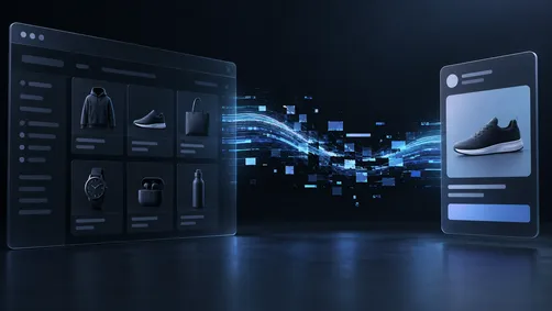 Editorial illustration of a broken data connection between an online store's product feed and a shopping ad, rendered in dark blue and cyan tones.
