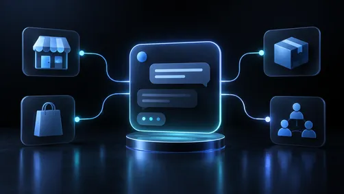 Abstract dark illustration of a chat interface connecting to commerce and CRM icons, representing ChatGPT Ads integrating with Amazon, Shopify and HubSpot