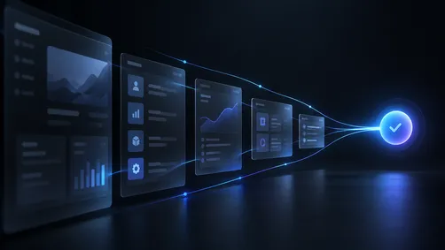 Abstract dark editorial illustration representing a SaaS product interface with cyan accent lighting, symbolising the digital marketing funnel from trial signup to activation