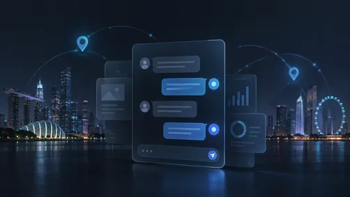 Abstract dark illustration of a chat interface with a Southeast Asia map motif, representing ChatGPT Ads launching in Malaysia and the region.