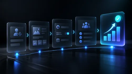 Abstract dark illustration of a step-by-step campaign build process, representing how to set up ChatGPT Ads.
