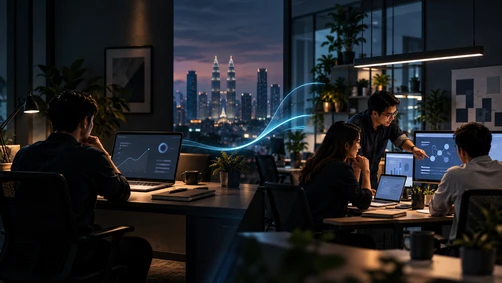 Editorial illustration contrasting a single in-house workspace with a connected specialist team, representing the SEO agency versus in-house decision.