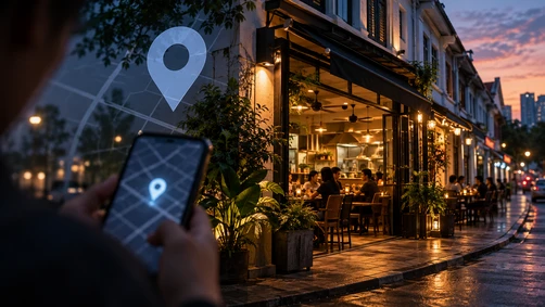 Malaysian restaurant storefront at dusk with a subtle overlaid map-pin motif, representing local search visibility for F&B businesses.