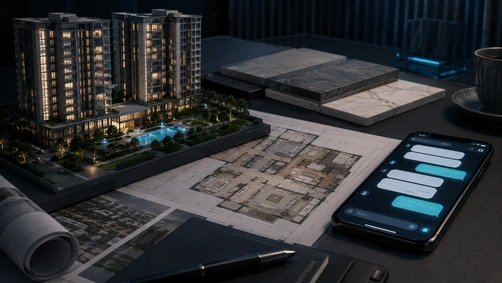 Floor plan and phone with a chat interface, representing a property buyer's journey from a Google Ads click to a booked show unit visit