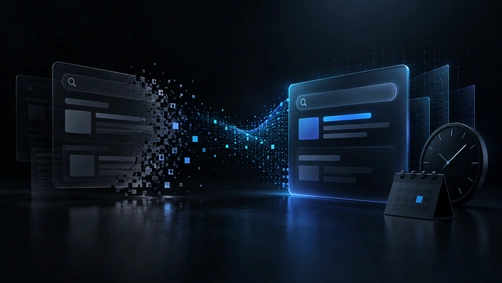 Abstract editorial illustration of a search advertising interface transitioning to AI-driven automation, representing Google's AI Max migration.