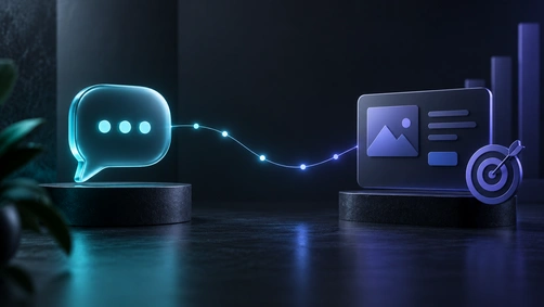 Illustration of a WhatsApp conversation connected back to a Google Ads campaign via a tracked reference line