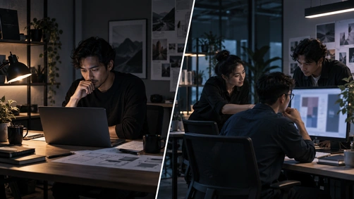 Split-scene illustration comparing a solo freelance web designer's workspace with a small collaborative agency team reviewing a website project.