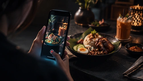 Smartphone filming food content for a Malaysian F&B brand's digital marketing strategy