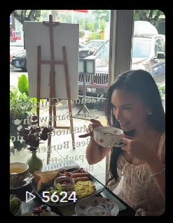 TikTok creator video of a guest enjoying breakfast and tea at Tim's Teapot Terrace, 5,624 views
