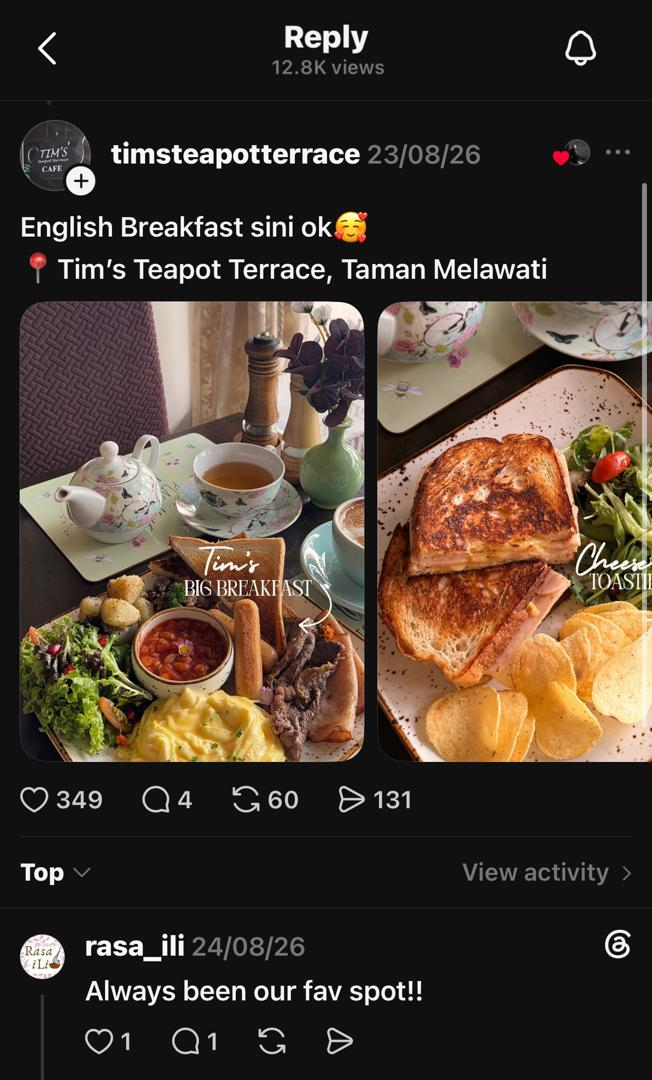 Threads post from Tim's Teapot Terrace showing the Big Breakfast and a cheese toastie, 12.8K views and 349 likes