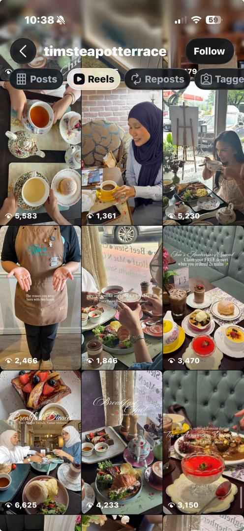 Instagram Reels grid for Tim's Teapot Terrace showing breakfast and creator content with views ranging from 1,361 to 6,625
