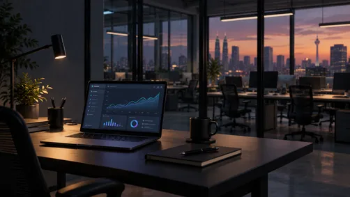 A single desk with a laptop showing an ads dashboard, set against a larger empty office space, representing the choice between a freelancer and an agency team.