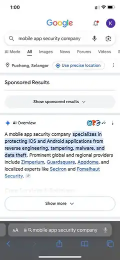 Google search results showing SecIron for mobile app security company